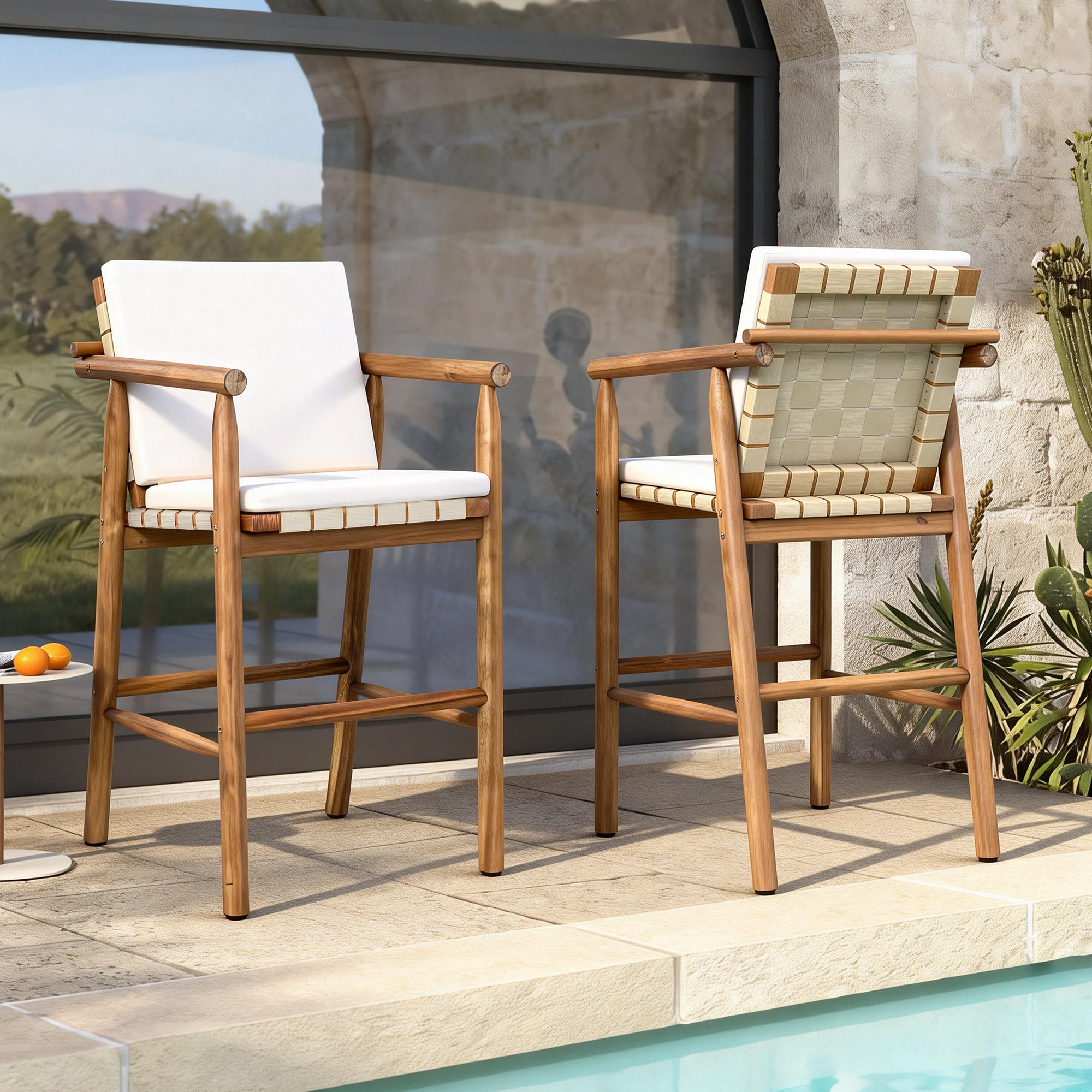 Pair of Anthony & Home acacia outdoor counter stools with backrests, set of 2, featuring sturdy wood construction and comfortable seating.