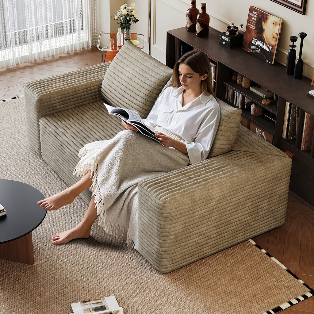Anthony & Home Signature Corduroy Camel Two-Seater Sofa with plush cushions and stylish design, perfect for modern living rooms.