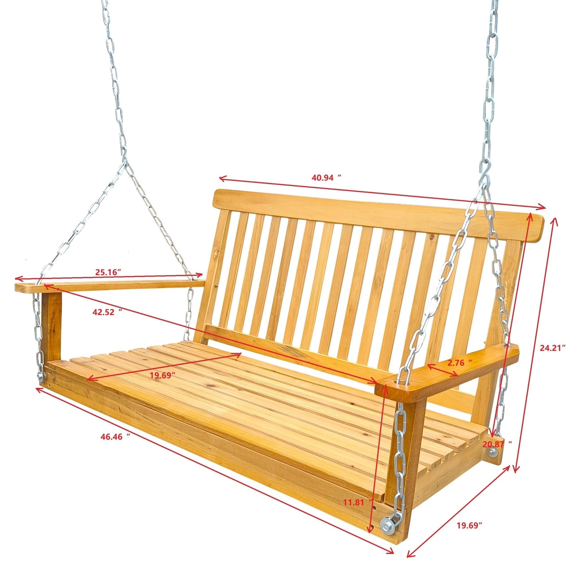 Teak wood porch swing with armrests and hanging chains, part of Anthony & Home Heritage Outdoor Collection.