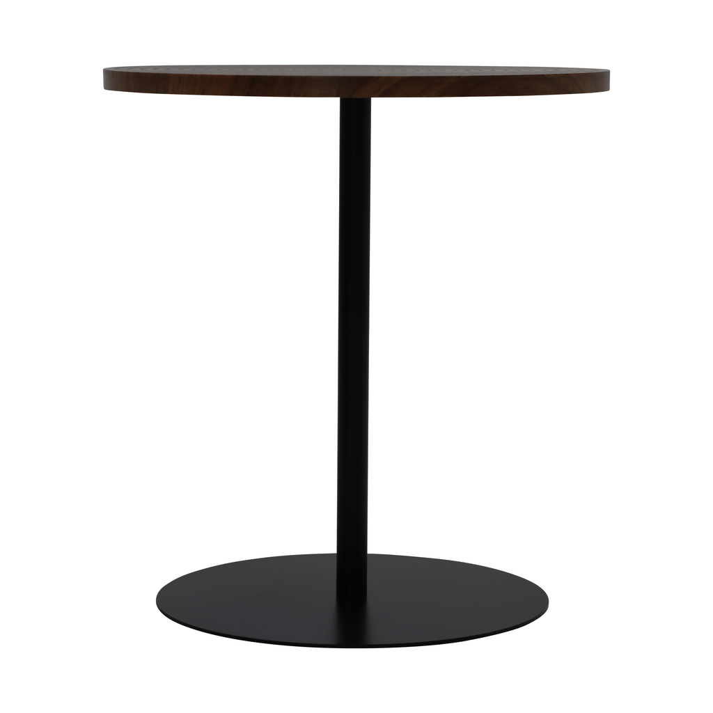 Set of 2 walnut round side tables with black metal pedestal bases featuring concentric design by Anthony & Home.