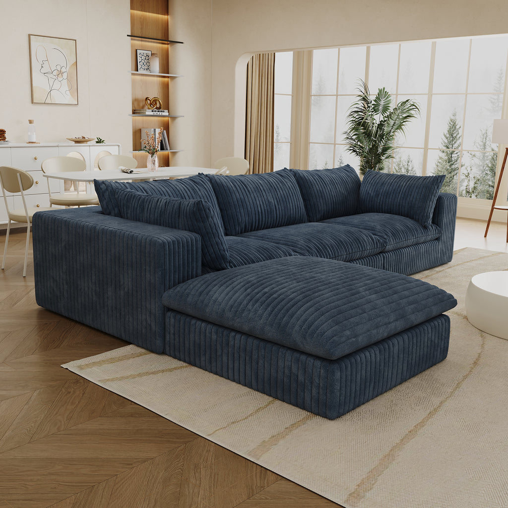 Blue corduroy cloud sofa with deep seat and removable cushions from Anthony & Home's Atelier Collection.