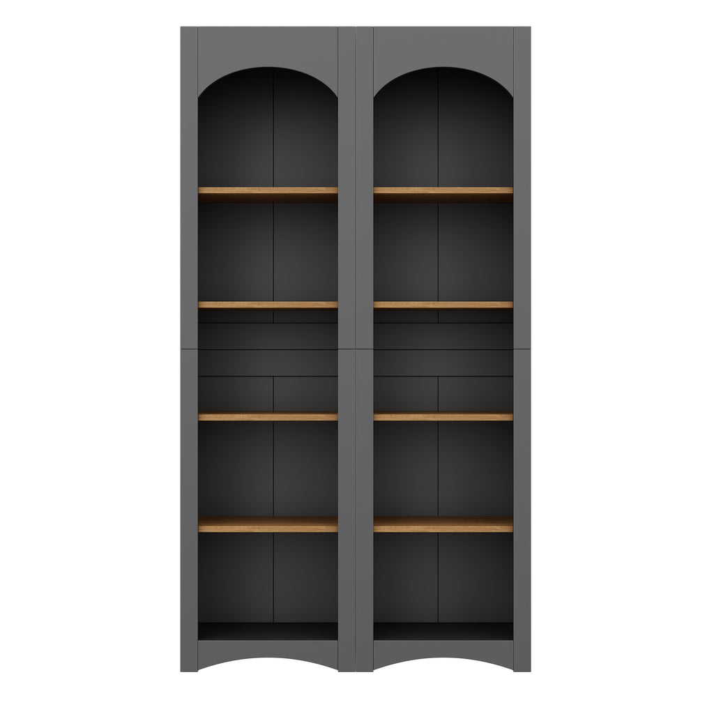 Anthony & Home Atelier Two-Tone Farmhouse 5-Tier Bookcase set with wooden shelves and metal frame in a rustic farmhouse style.