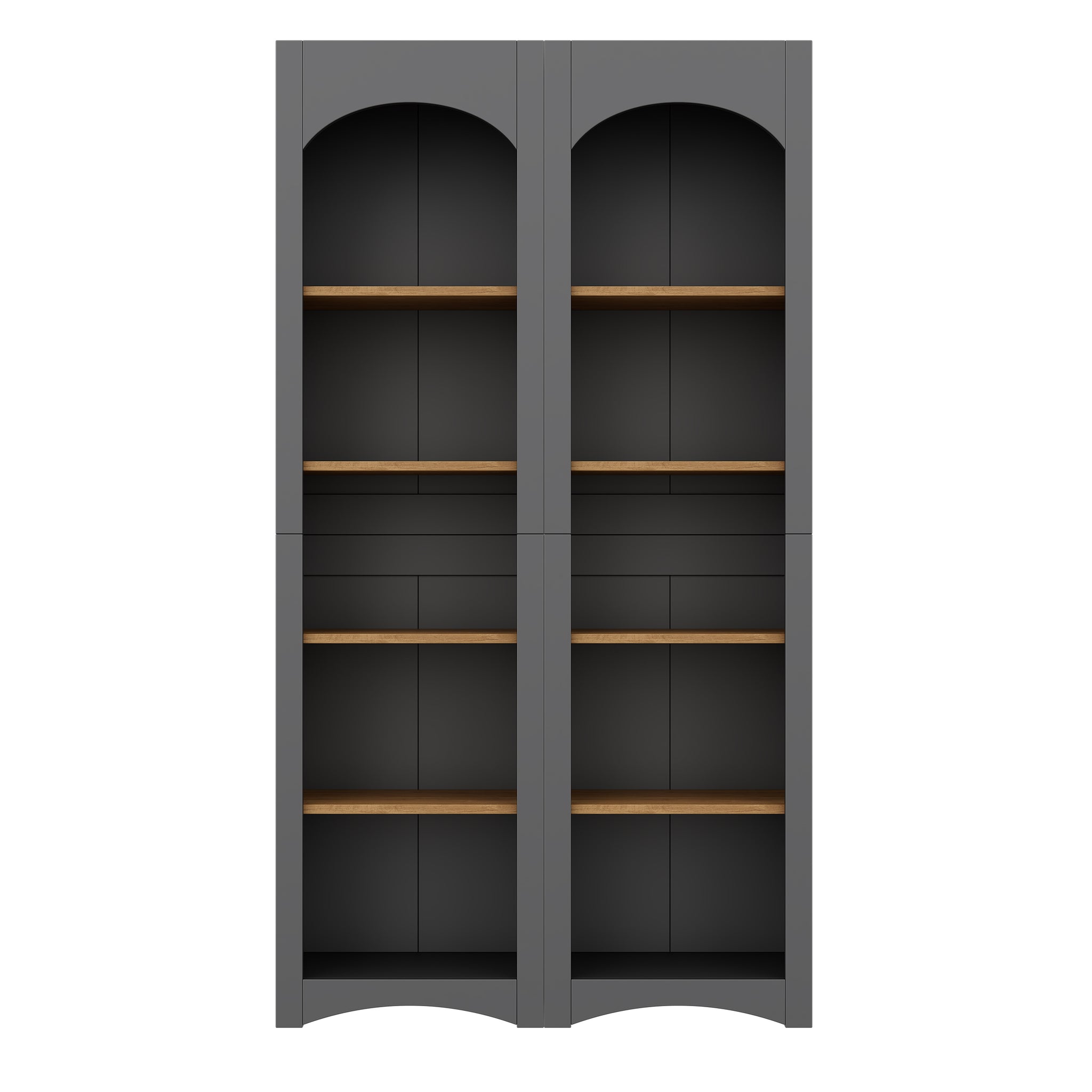 Anthony & Home Atelier Two-Tone Farmhouse 5-Tier Bookcase set with wooden shelves and metal frame in a rustic farmhouse style.