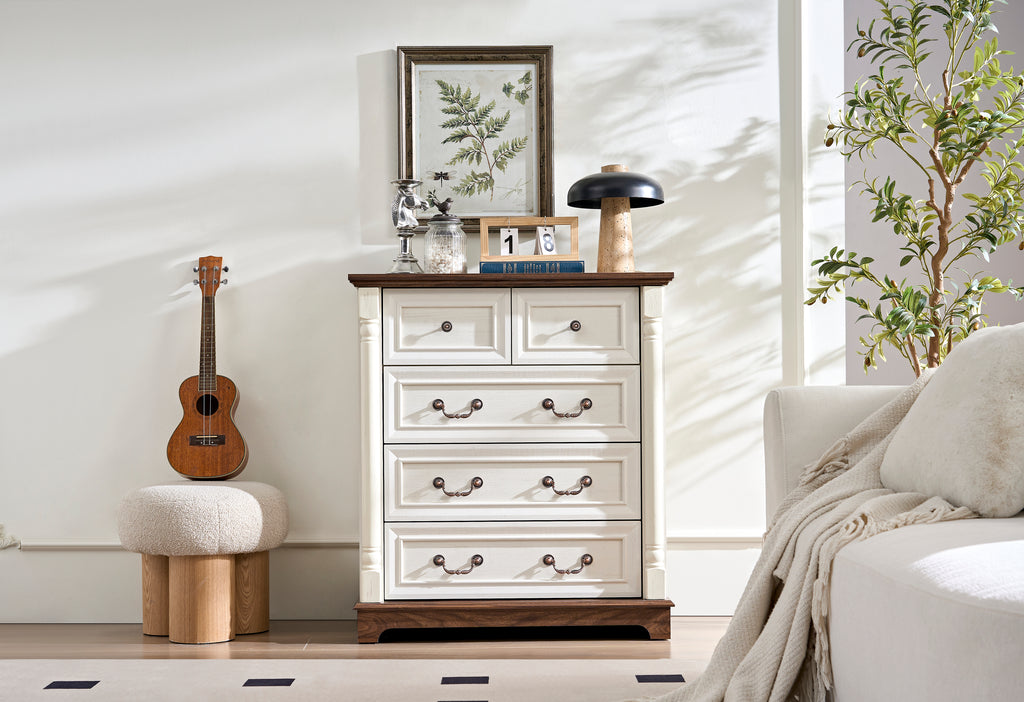 Walnut Finish Farmhouse 5 Drawer Dresser Chest With Base Timeless Rustic Storage For Bedroom