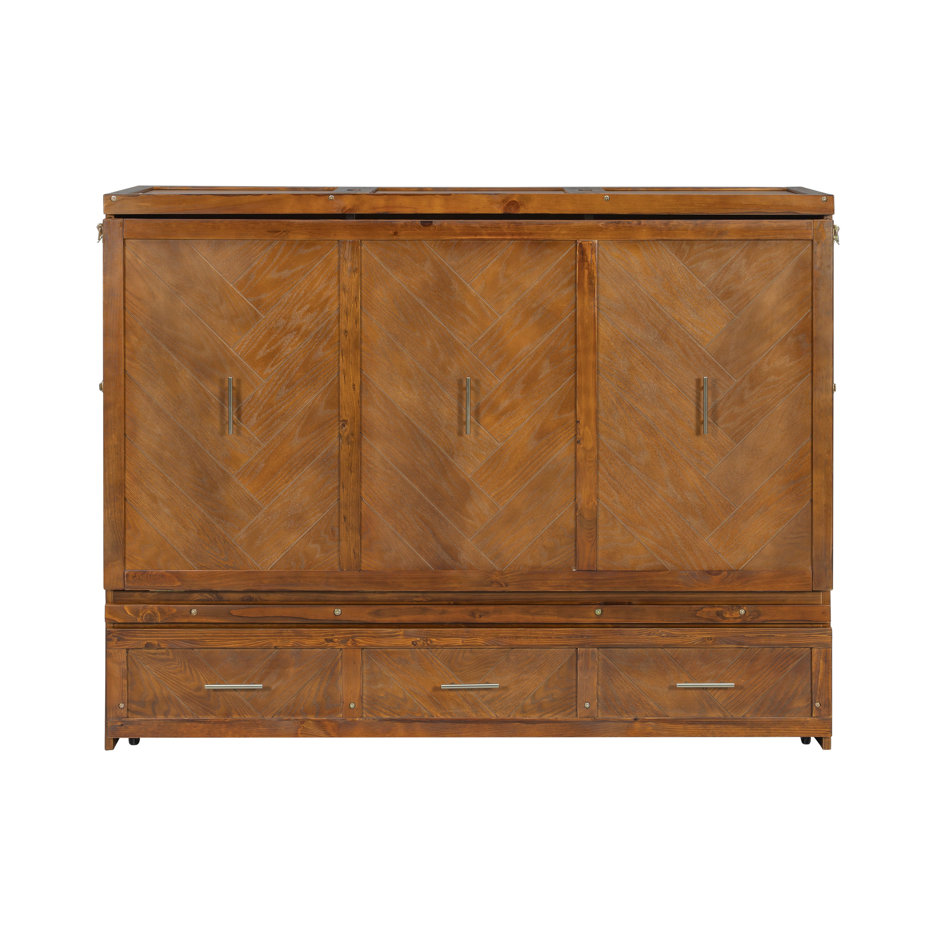 Queen size walnut Murphy bed with geometric panel design, USB charging, from Anthony & Home Studio Collection.