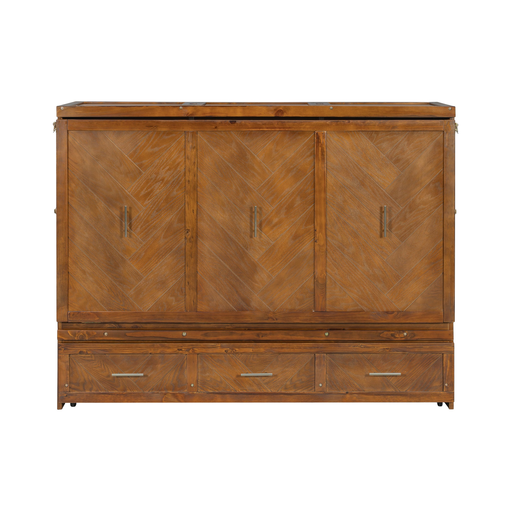 Queen size walnut Murphy bed with geometric panel design, USB charging, from Anthony & Home Studio Collection.
