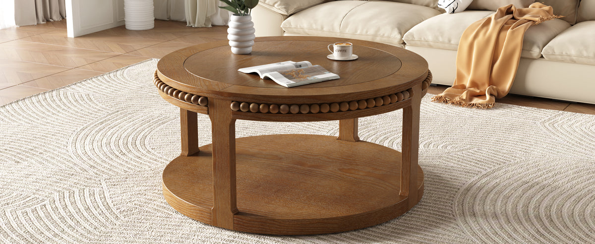 Anthony & Home Studio Walnut round coffee table with solid wood construction and two-tier design, showcasing a stylish living room setup.