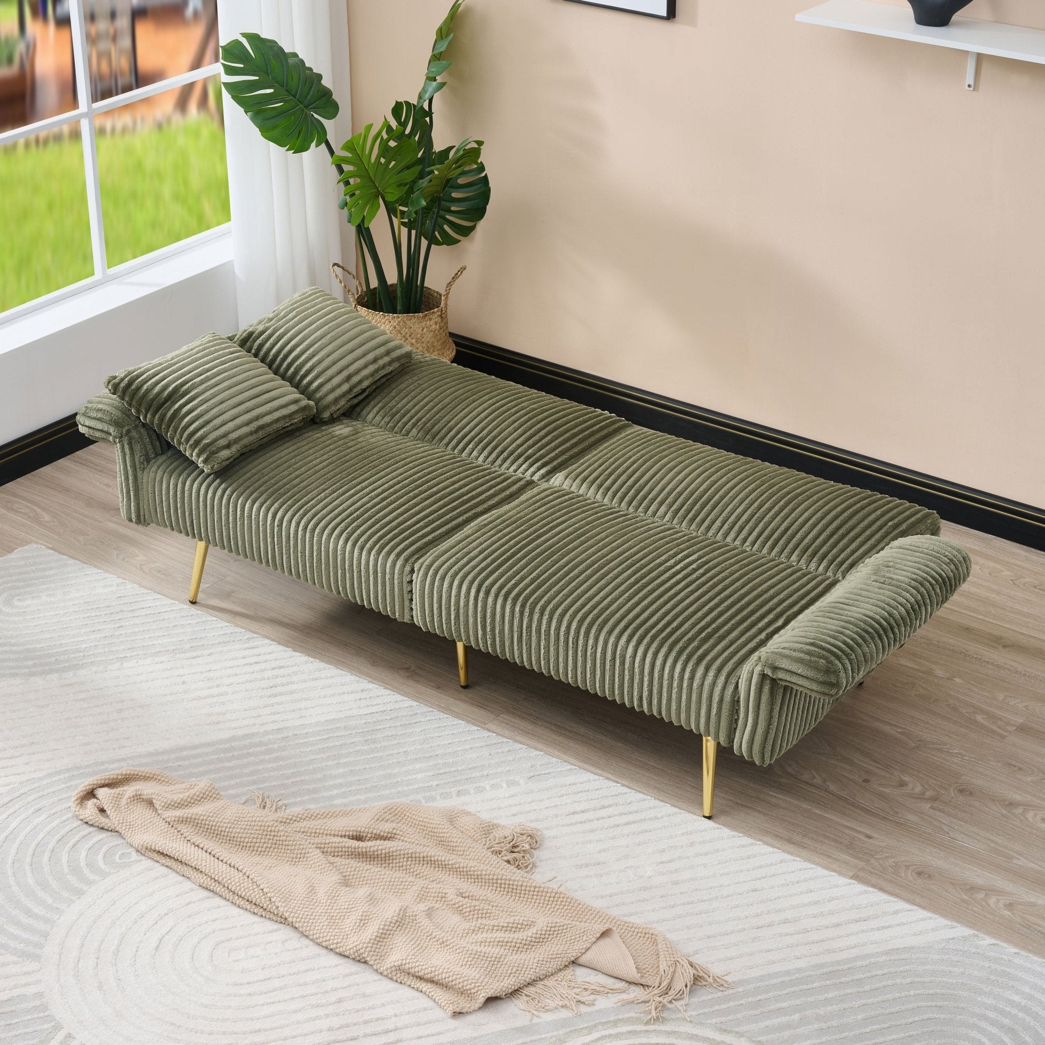 Emerald green corduroy velvet sofa bed by Anthony & Home, showcasing a modern design with plush upholstery and convertible sleeping area.