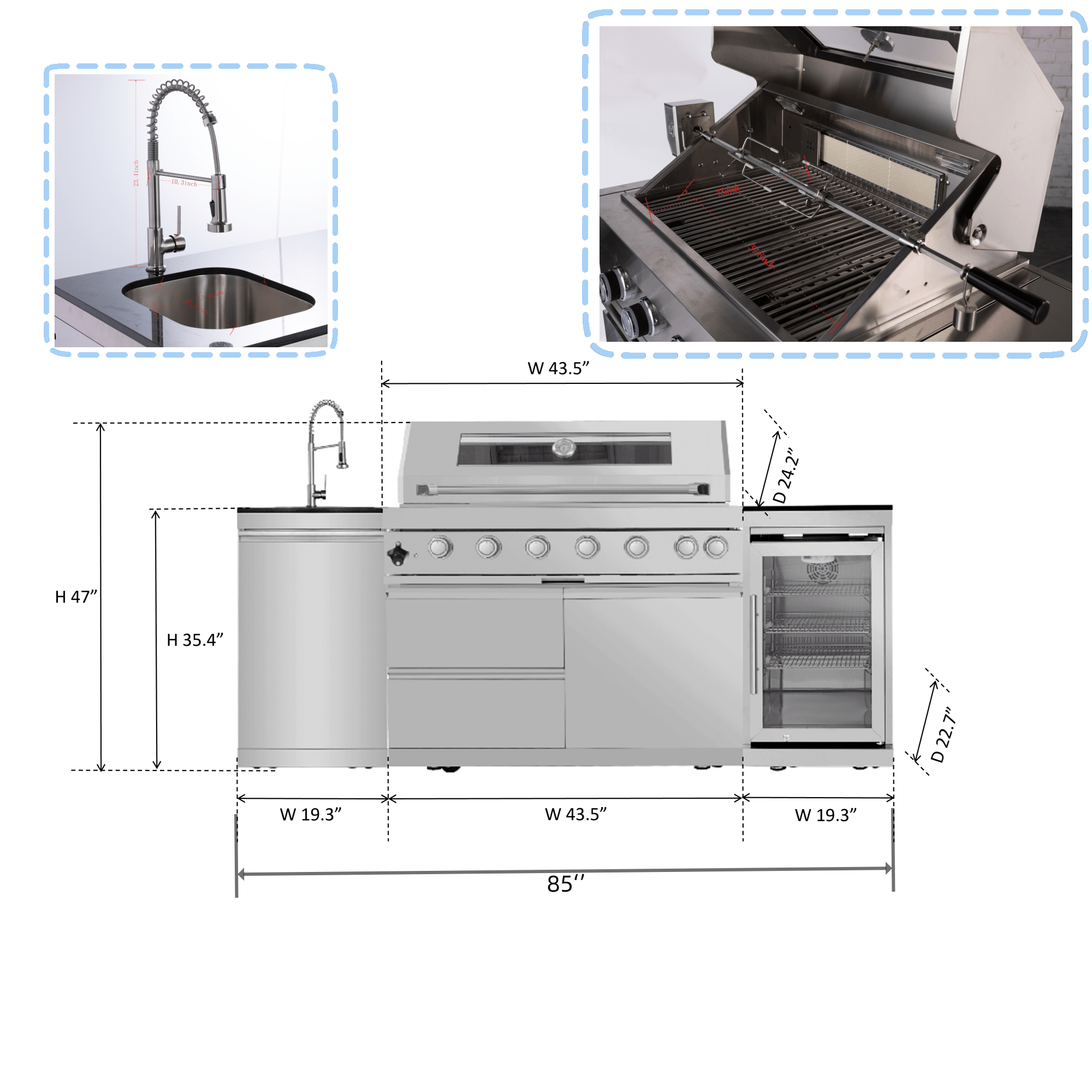 Anthony & Home Signature 44-Inch stainless steel kitchen island grill with cooking grates and control knobs.