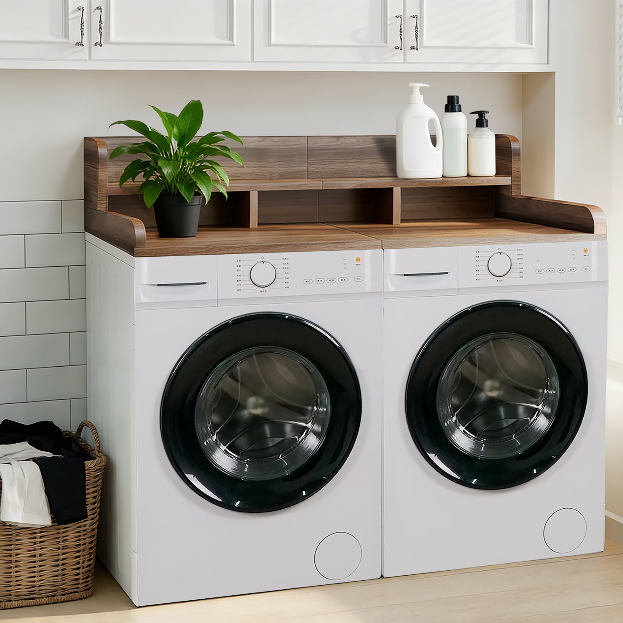 Walnut countertop double layer washer and dryer organizer by Anthony & Home with multiple compartments for laundry essentials