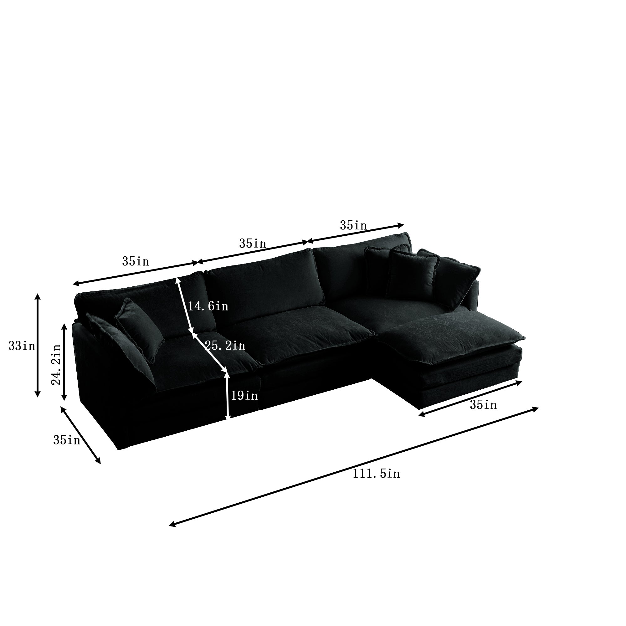 Anthony & Home black limited edition chenille oversized L-shaped sectional with reversible ottoman, modern modular sofa for living room.