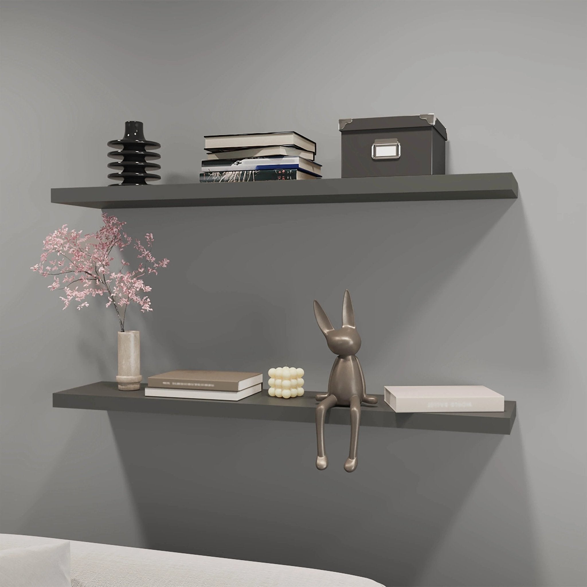 Grey floating shelf with matte finish from Anthony & Home, showcasing a sleek, modern design for stylish storage or display.