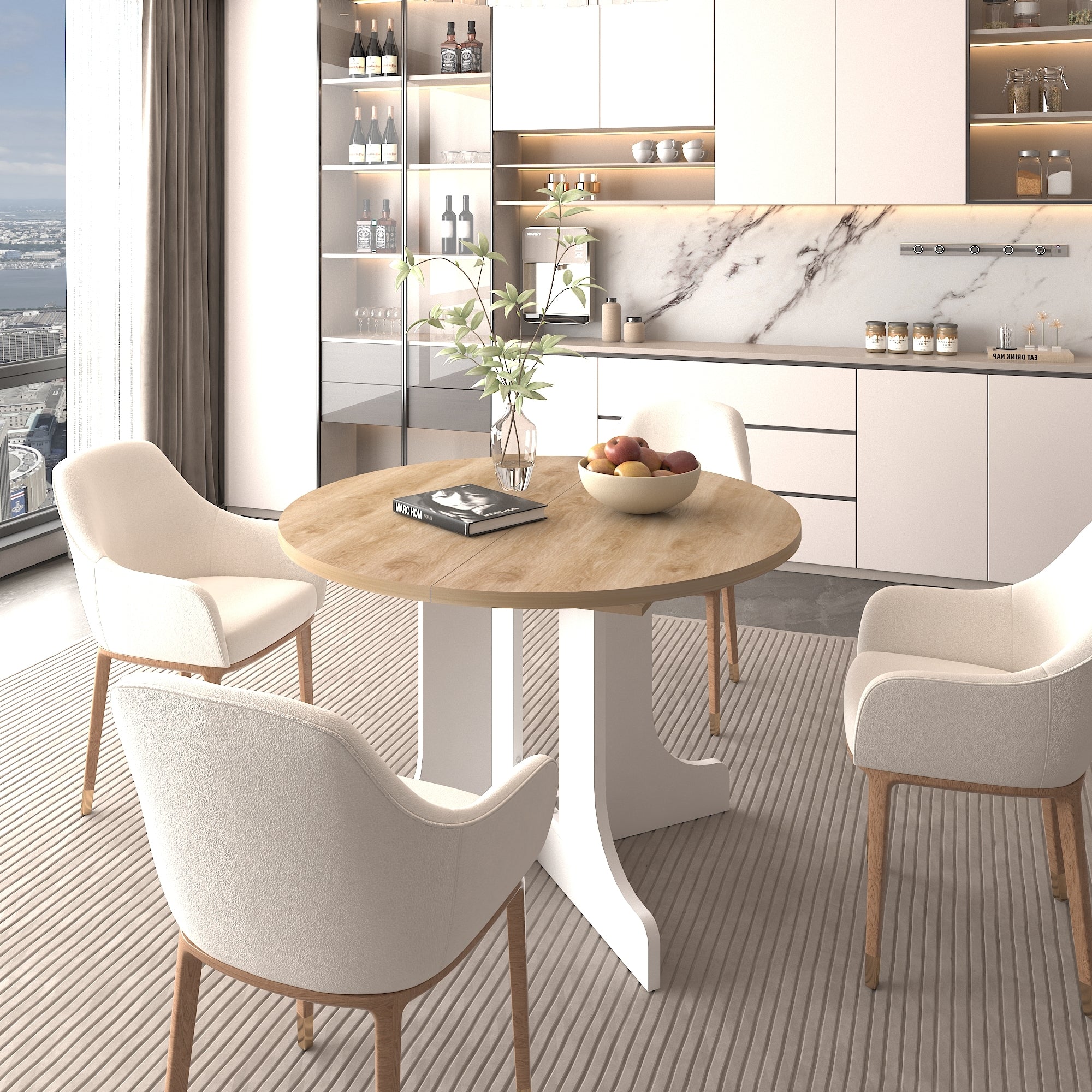 White Oak Edition oval dining table with expandable leaf by Anthony & Home, showing the polished wood surface and elegant design.