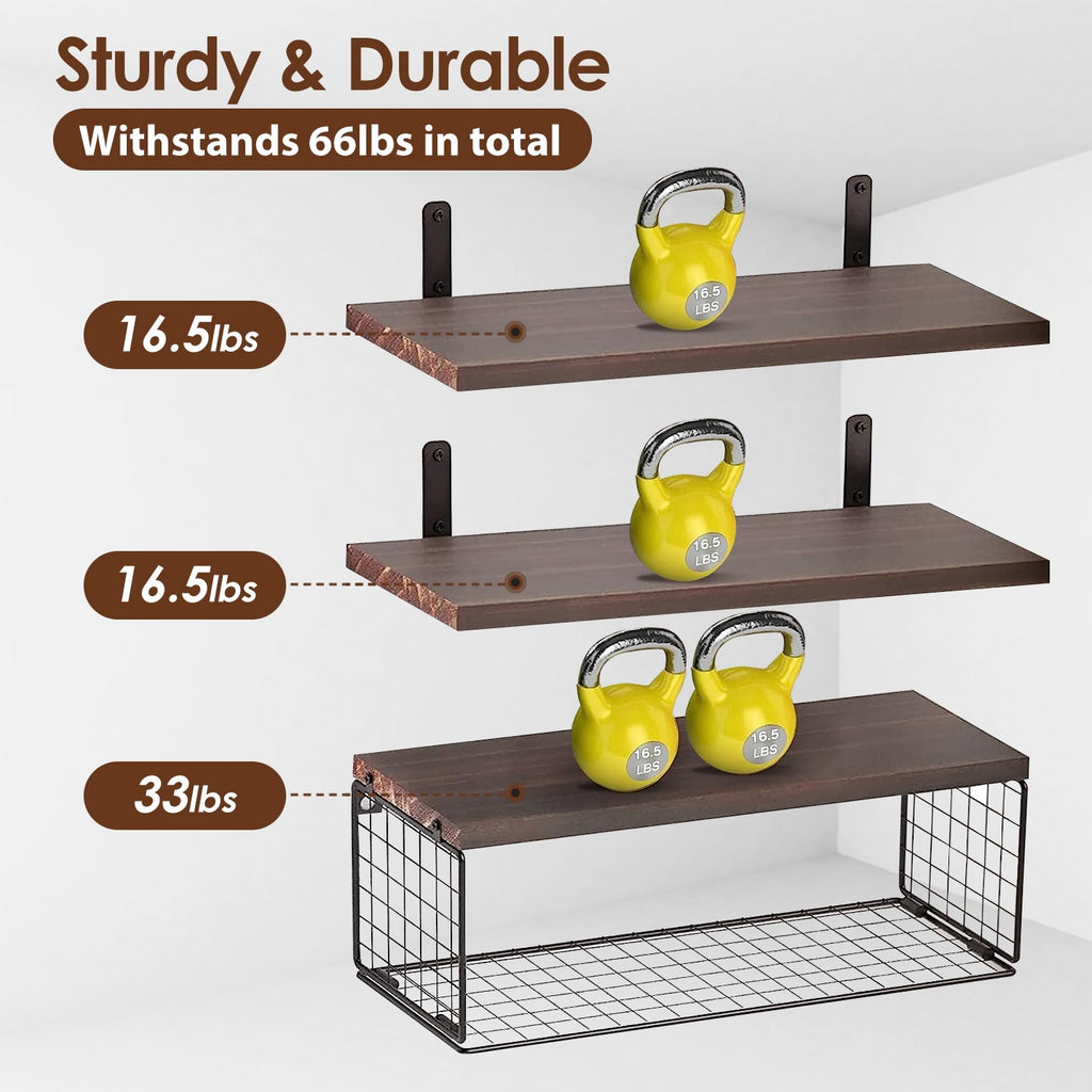 2 In 1 Wall Mounted Floating Shelves With Storage Basket
