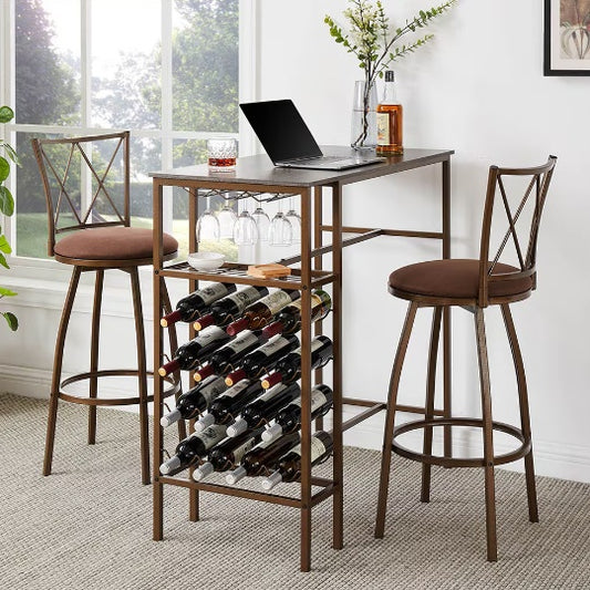 3 Piece Bar Table Set Retro Brown With Steel Frames