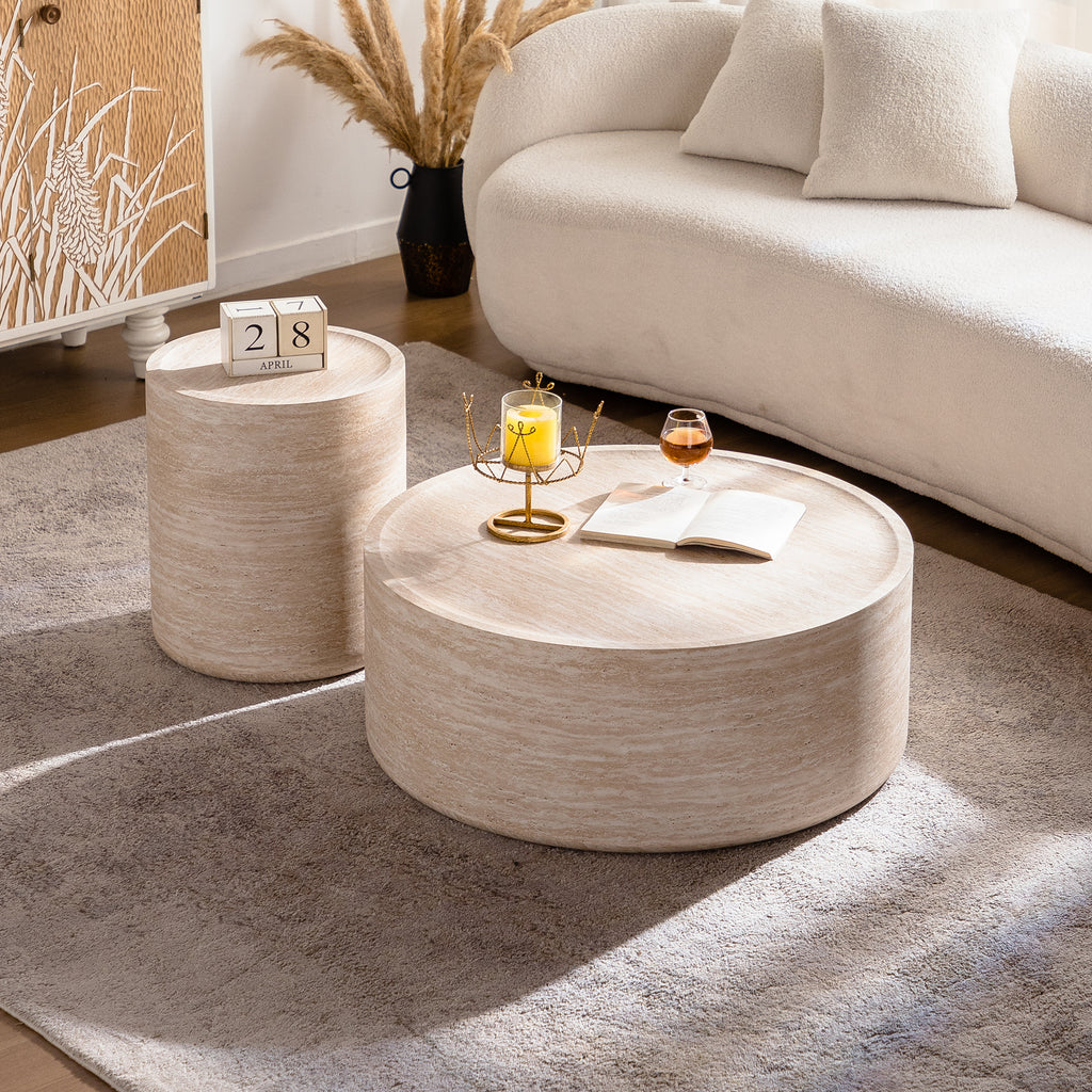 Mars Pattern round drum coffee table by Anthony & Home featuring a stylish design, no assembly required, with a sturdy round shape.