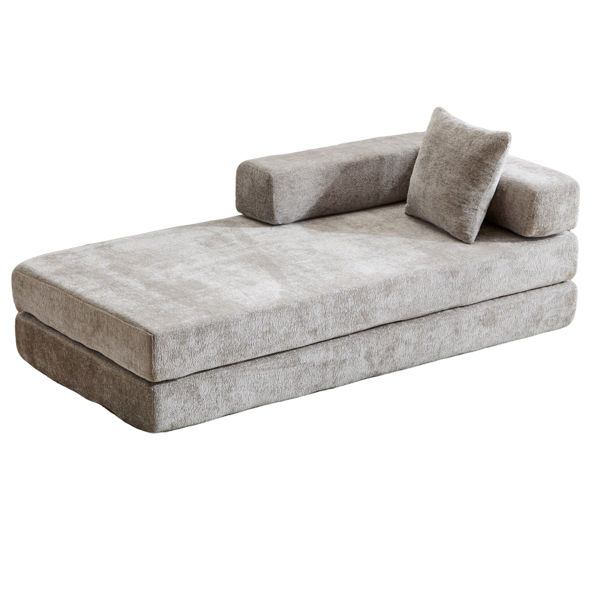 Light grey Anthony & Home chenille sofa bed with pillow back, convertible design and signature edition style, placed in a modern living room.