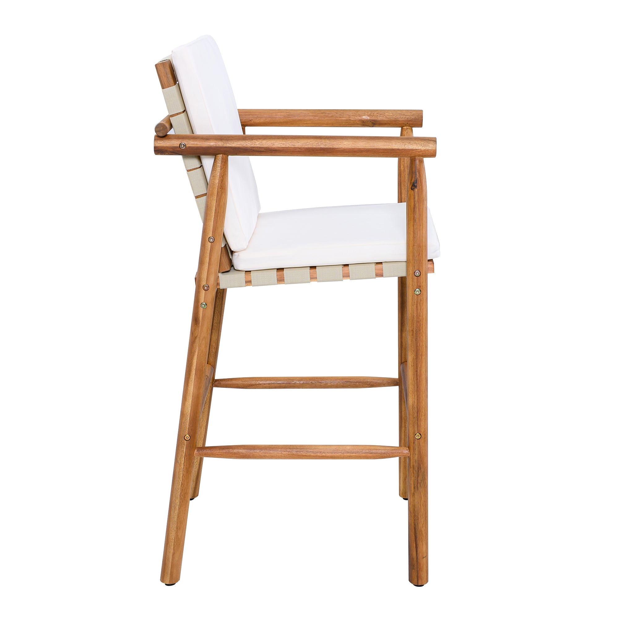 Set of two Anthony & Home Acacia outdoor counter stools with backrests, designed for comfortable outdoor seating.