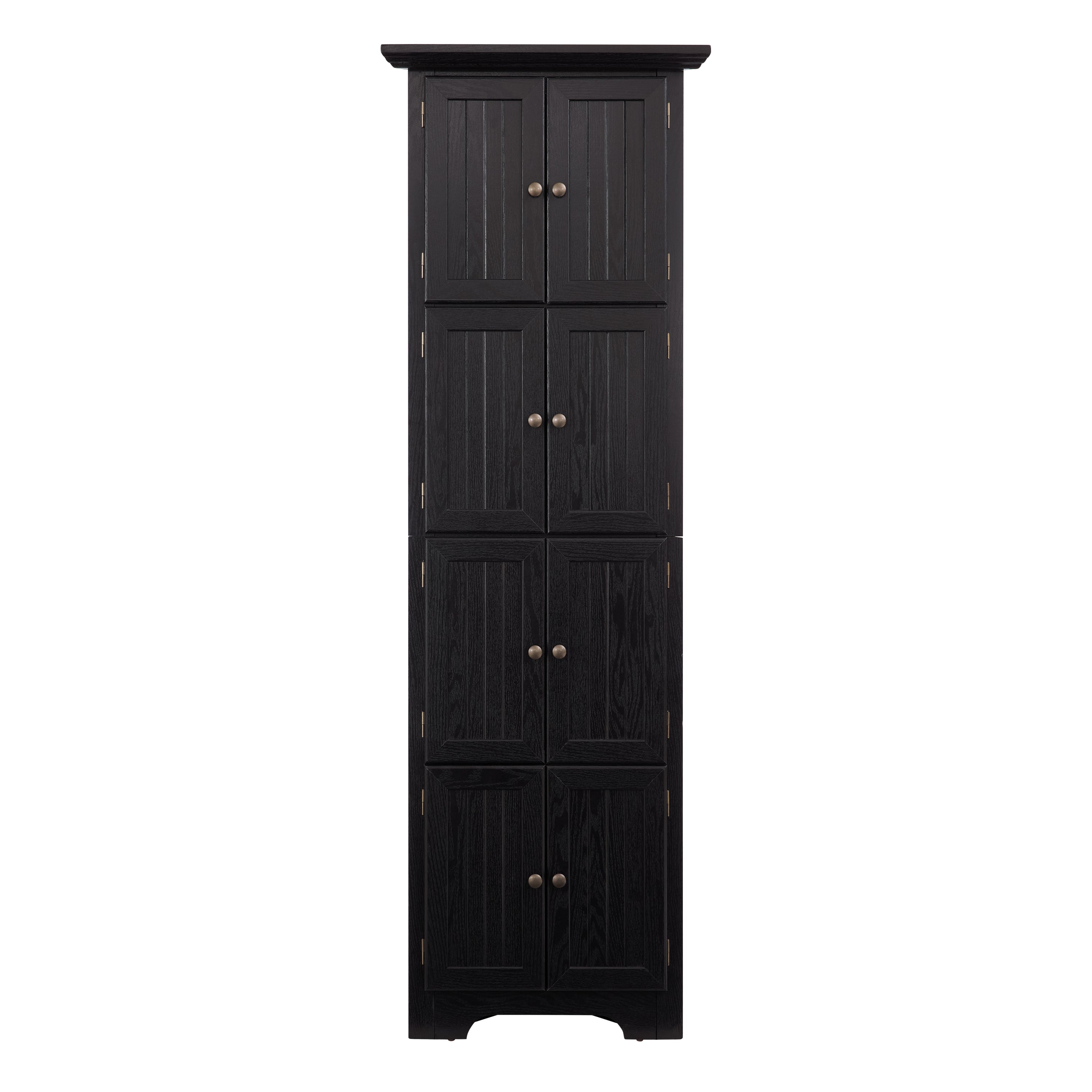 Corner pantry cabinet in matte black finish from Anthony & Home's Studio Collection, featuring multiple storage shelves.