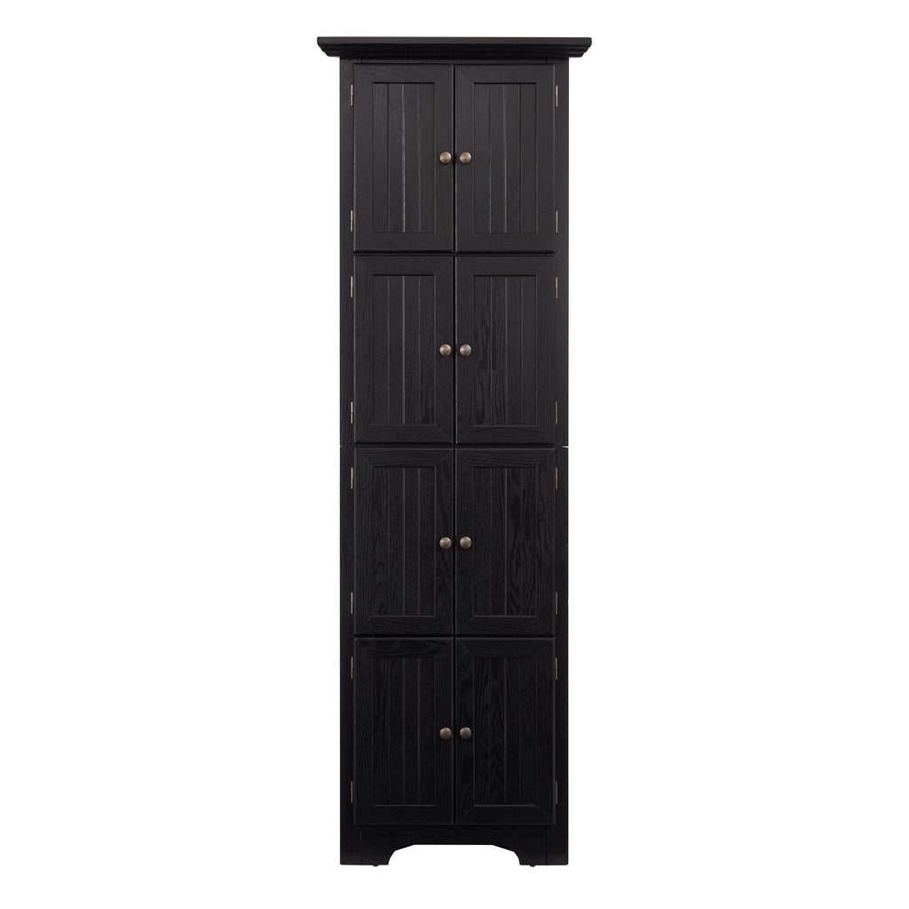 Corner pantry cabinet in matte black finish from Anthony & Home's Studio Collection, featuring multiple storage shelves.
