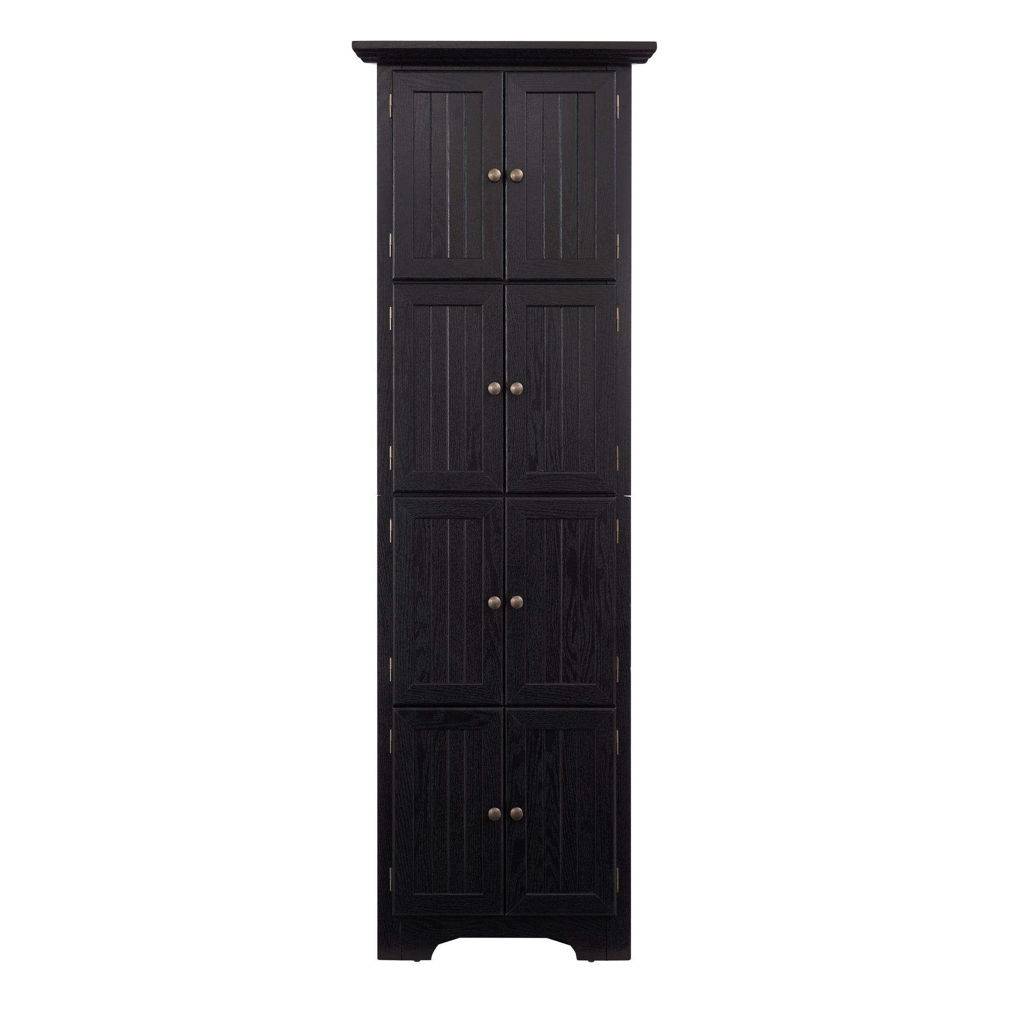 Corner pantry cabinet in matte black finish from Anthony & Home's Studio Collection, featuring multiple storage shelves.