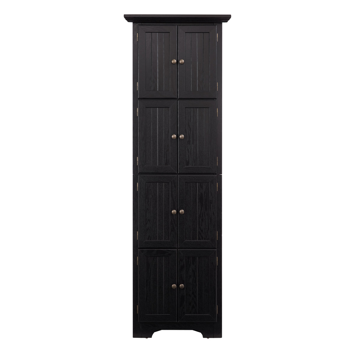 Corner pantry cabinet in matte black finish from Anthony & Home's Studio Collection, featuring multiple storage shelves.