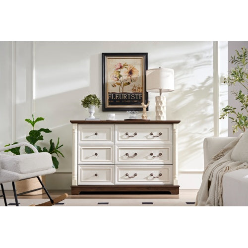 Farmhouse Walnut 6 Drawer Dresser Chest For Bedroom