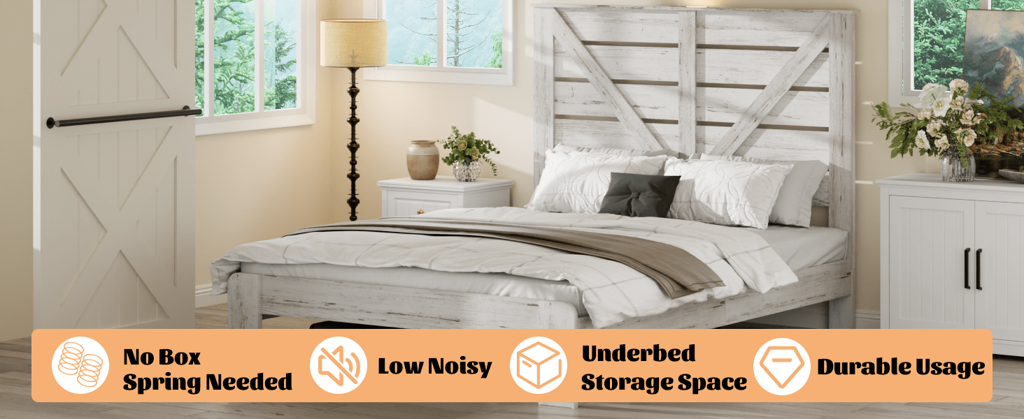 White steel Queen platform bed frame with wood accents, noise-free design, no box spring, from Anthony & Home Atelier Edition.