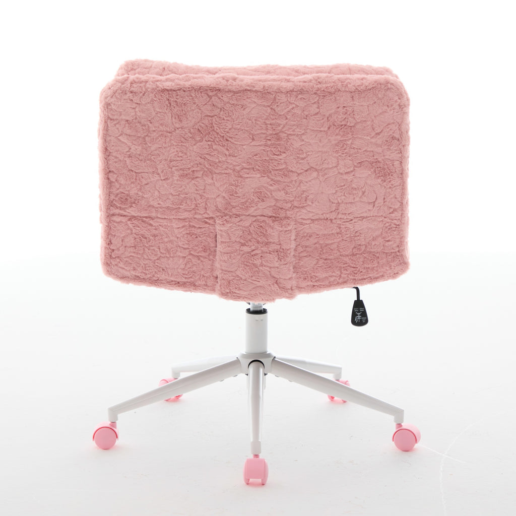 Anthony & Home Studio Pink Faux Rabbit Hair Office Chair with wide 26.4-inch seat and metal base for stylish workspace comfort.