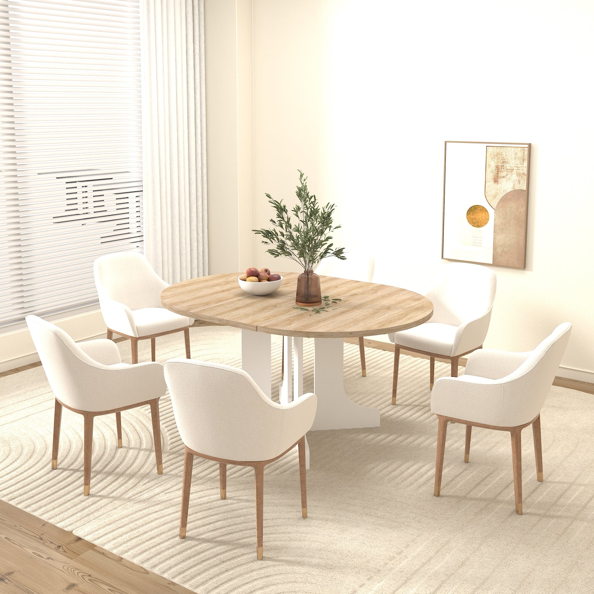 White Oak Edition oval dining table with expandable leaf from Anthony & Home, showcasing smooth wood surface and classic design.
