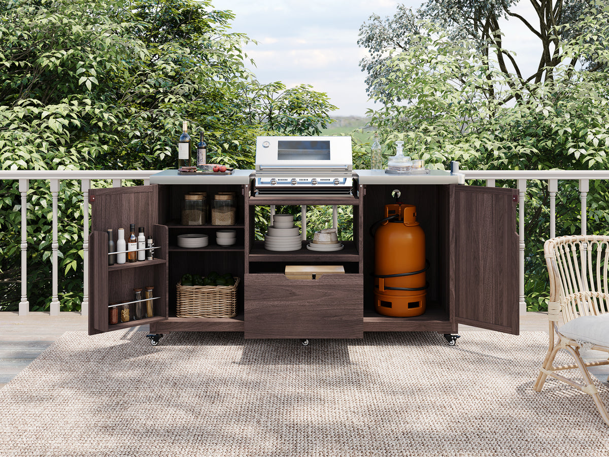 Anthony & Home Atelier Edition outdoor kitchen island with solid wood construction, designed for Kamado grills.