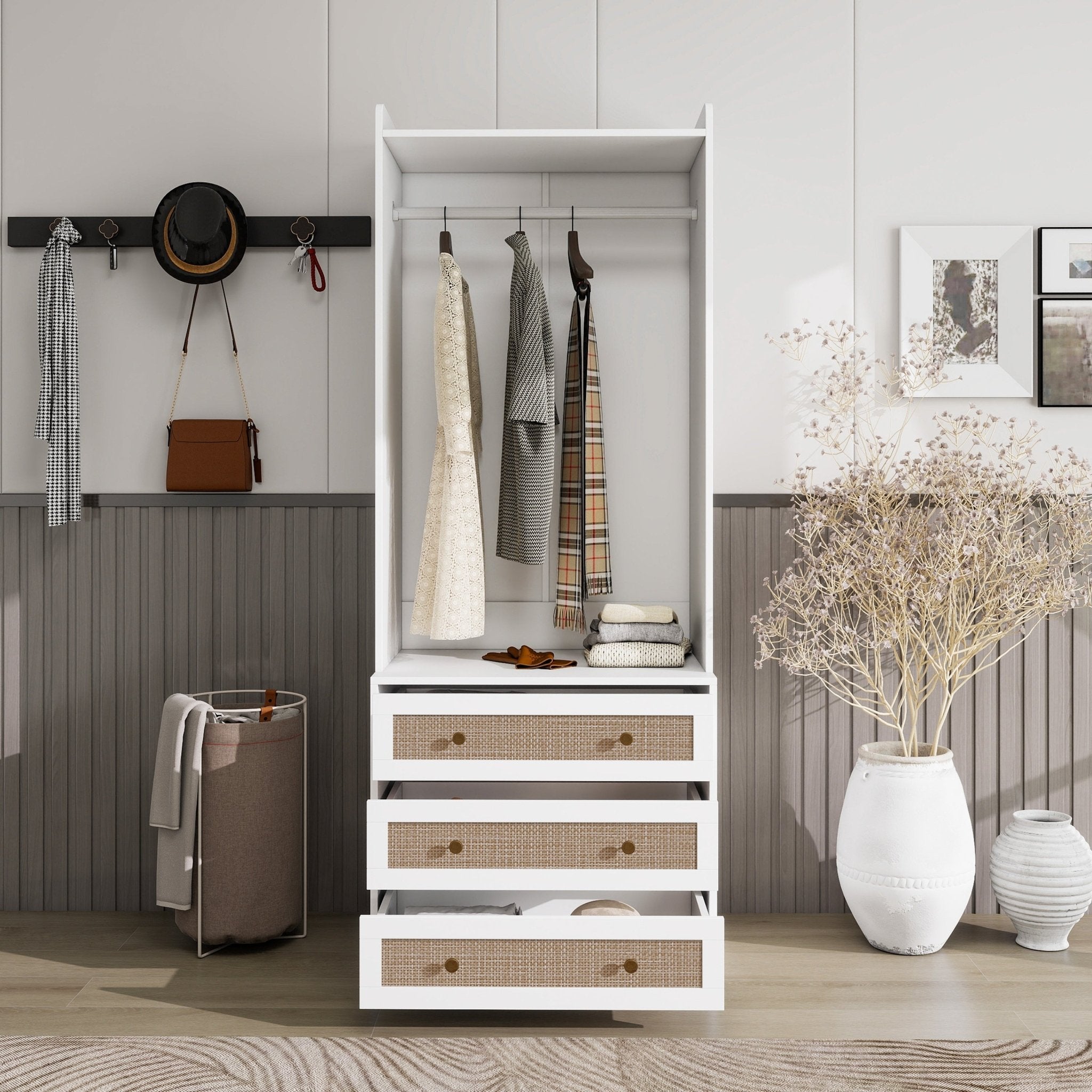 White lacquer wardrobe armoire with three drawers from Anthony & Home Elite Collection, featuring a refined silhouette and sleek design.