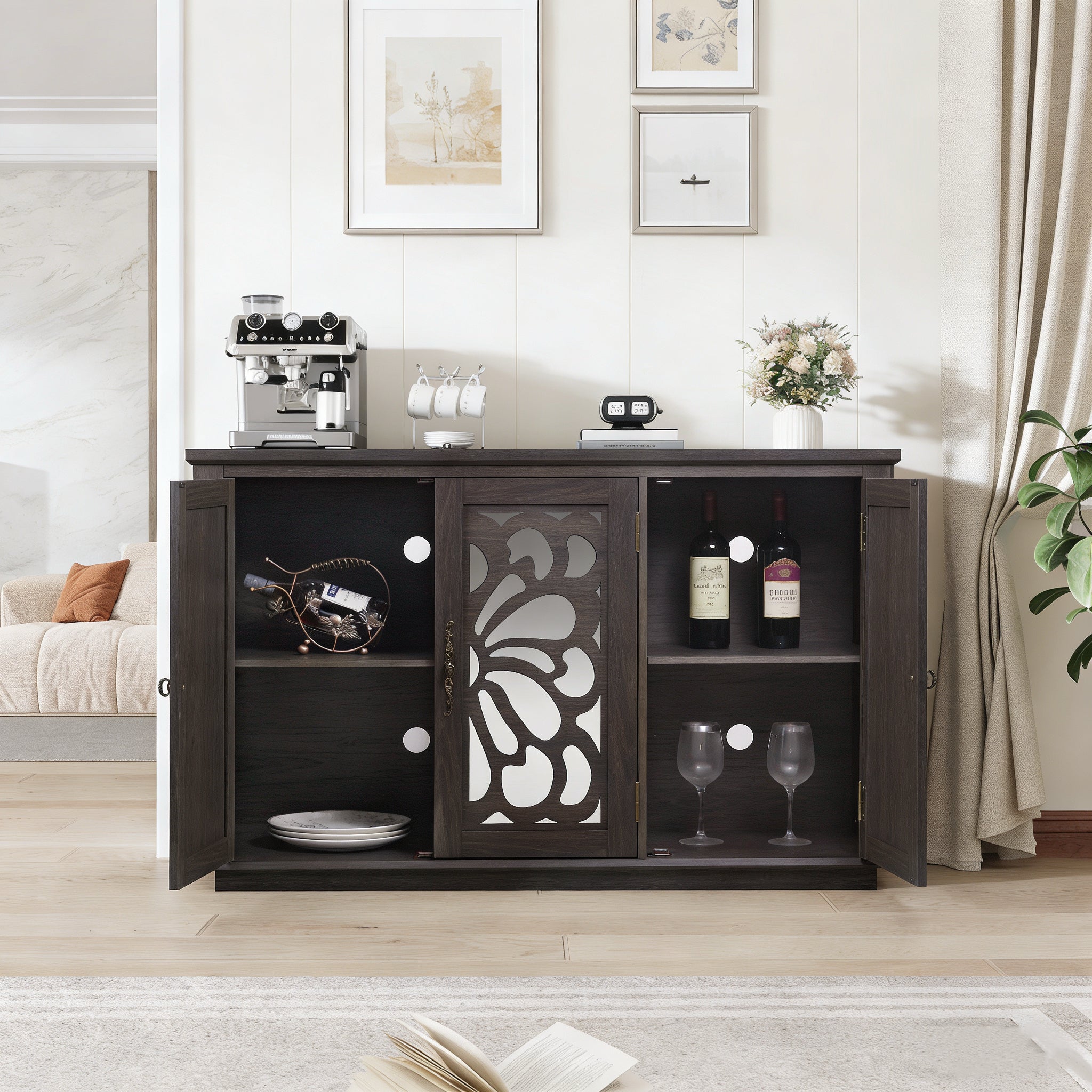 Anthony & Home Heritage Walnut Sideboard with mirrored doors, adjustable shelves, measuring 49.3 x 15.6 inches, showcasing elegant storage design.