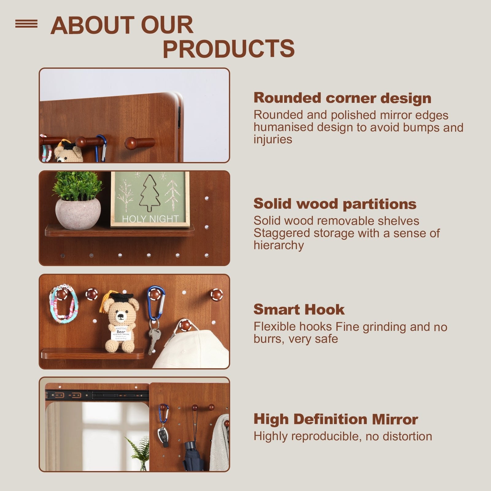 Walnut wall-mounted full-length mirror by Anthony & Home with a sleek rectangular frame, hanging on a modern wall.