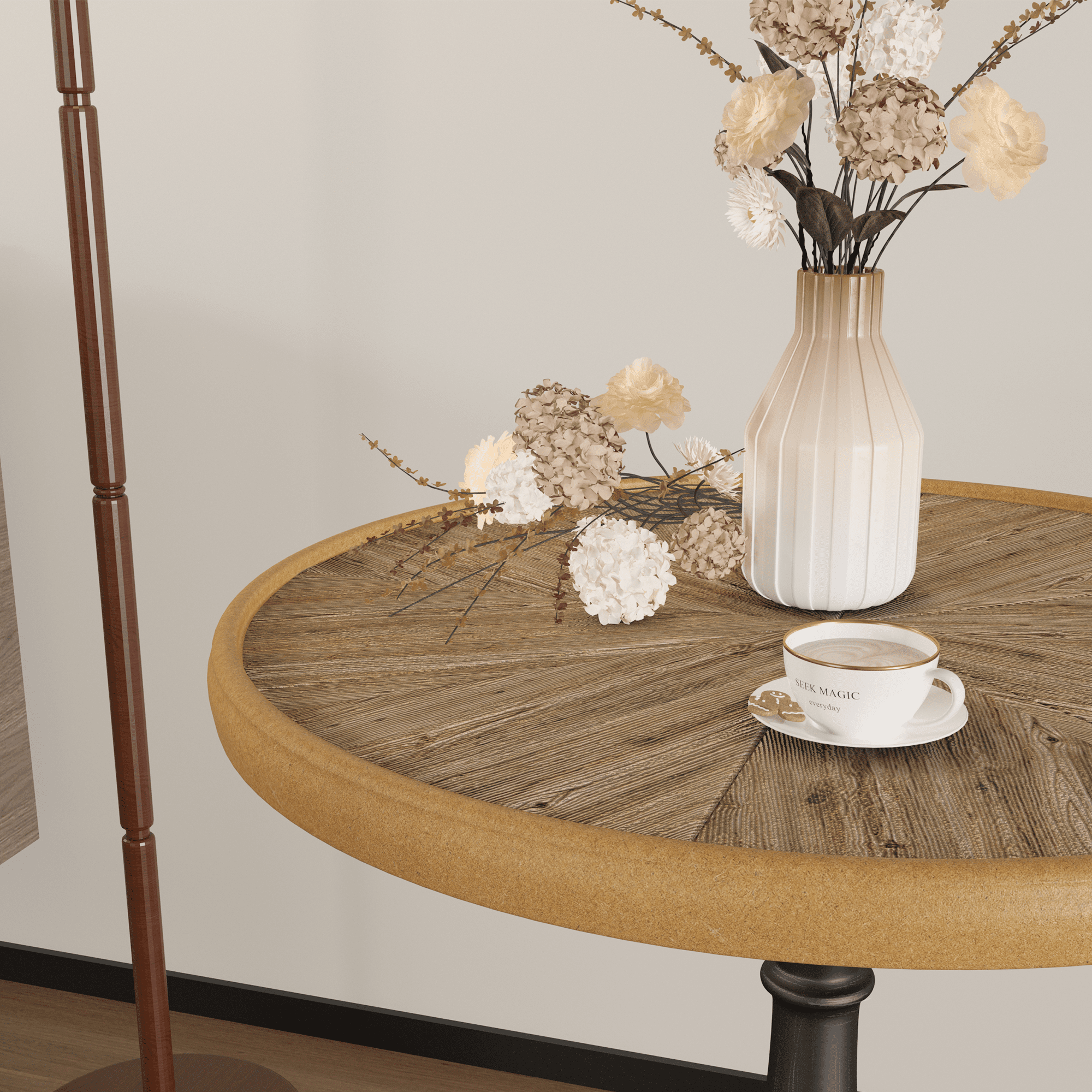 Round wood and metal end table with willow bark veneer from Anthony & Home French Country collection, showcasing a rustic design.