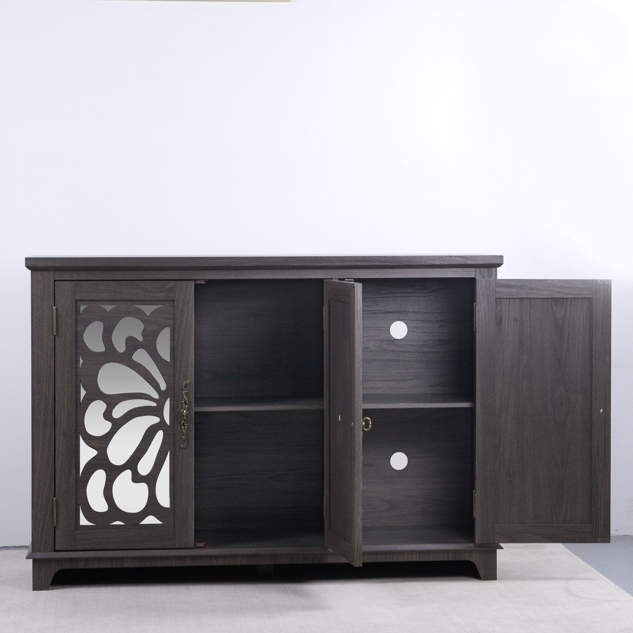 Heritage walnut sideboard by Anthony & Home with mirrored doors and adjustable shelves, measuring 49.3 x 15.6 inches.