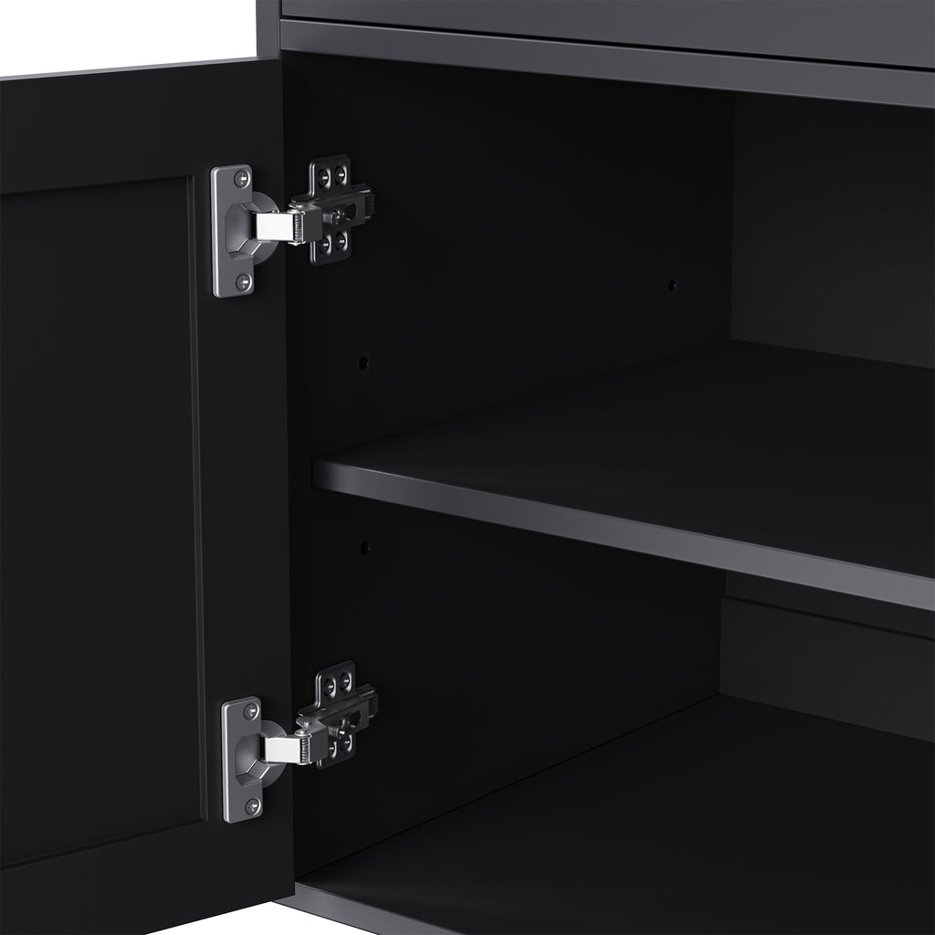Black farmhouse storage cabinet with solid wood gourd-shaped legs from Anthony & Home's Studio Collection.