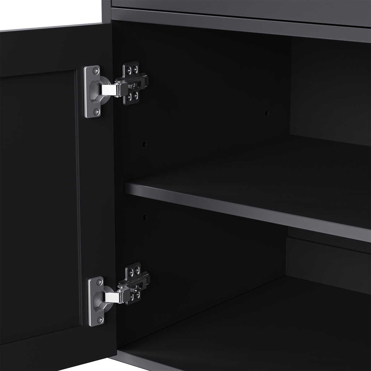 Black farmhouse storage cabinet with solid wood gourd-shaped legs from Anthony & Home's Studio Collection.