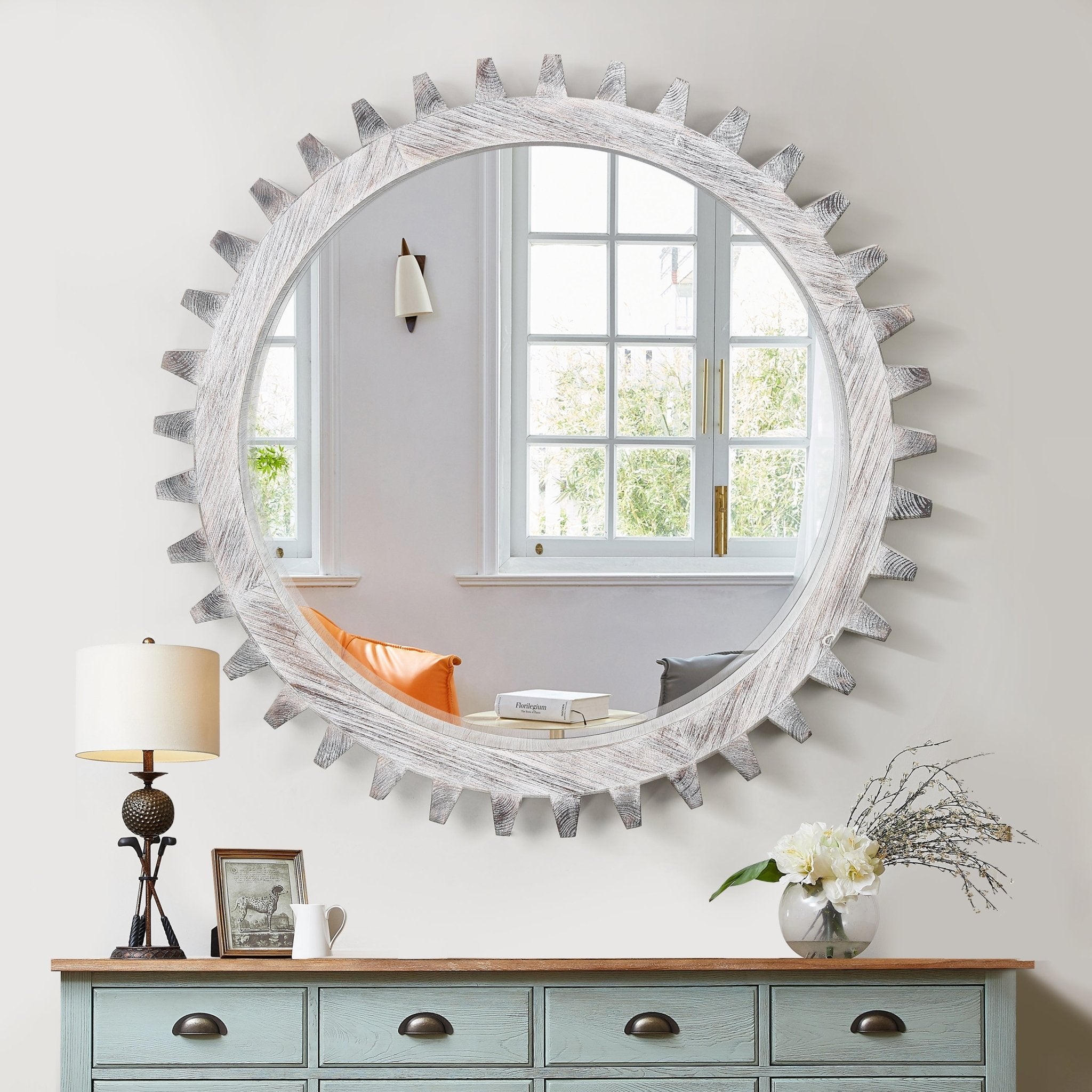 Antique white washed Heritage round gear mirror by Anthony & Home with a vintage-inspired gear design and distressed finish.