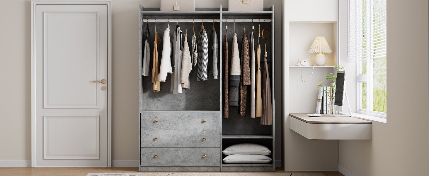 Open grey wooden wardrobe from Anthony & Home's Premier Collection with dual hanging rods and spacious interior.