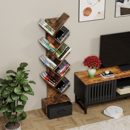 9 Tier Tree Bookshelf With Drawer Bookcase Rustic Brown