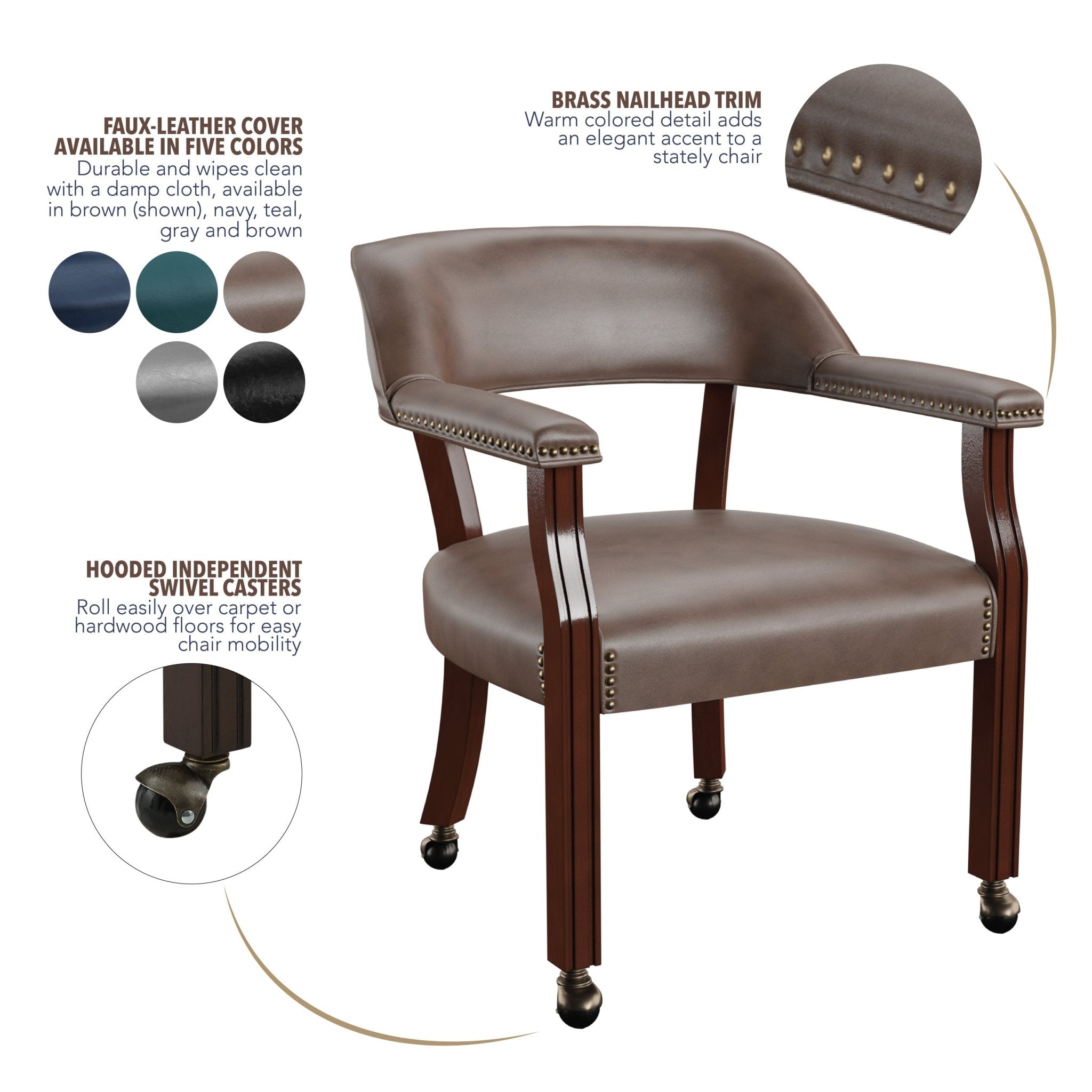 Dark brown fabric traditional arm chair with casters and beaded pedestal base from Anthony & Home's Atelier Collection.