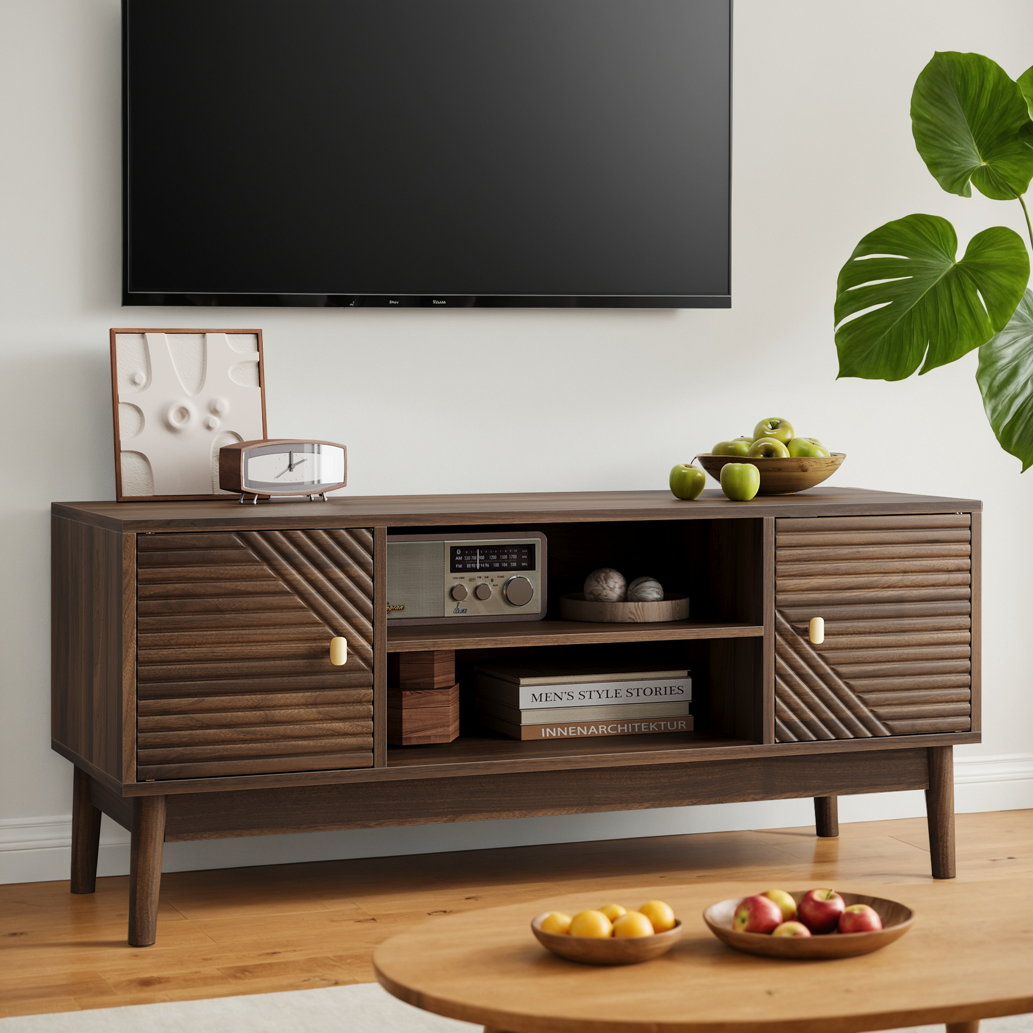 Walnut MDF mid-century modern TV stand for 32/45 inch TV with storage, 43-inch media console table for living room or bedroom.