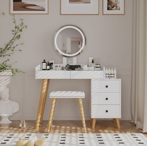 Dressing Table With LED Lights Glass Top 5 Drawers Mirror