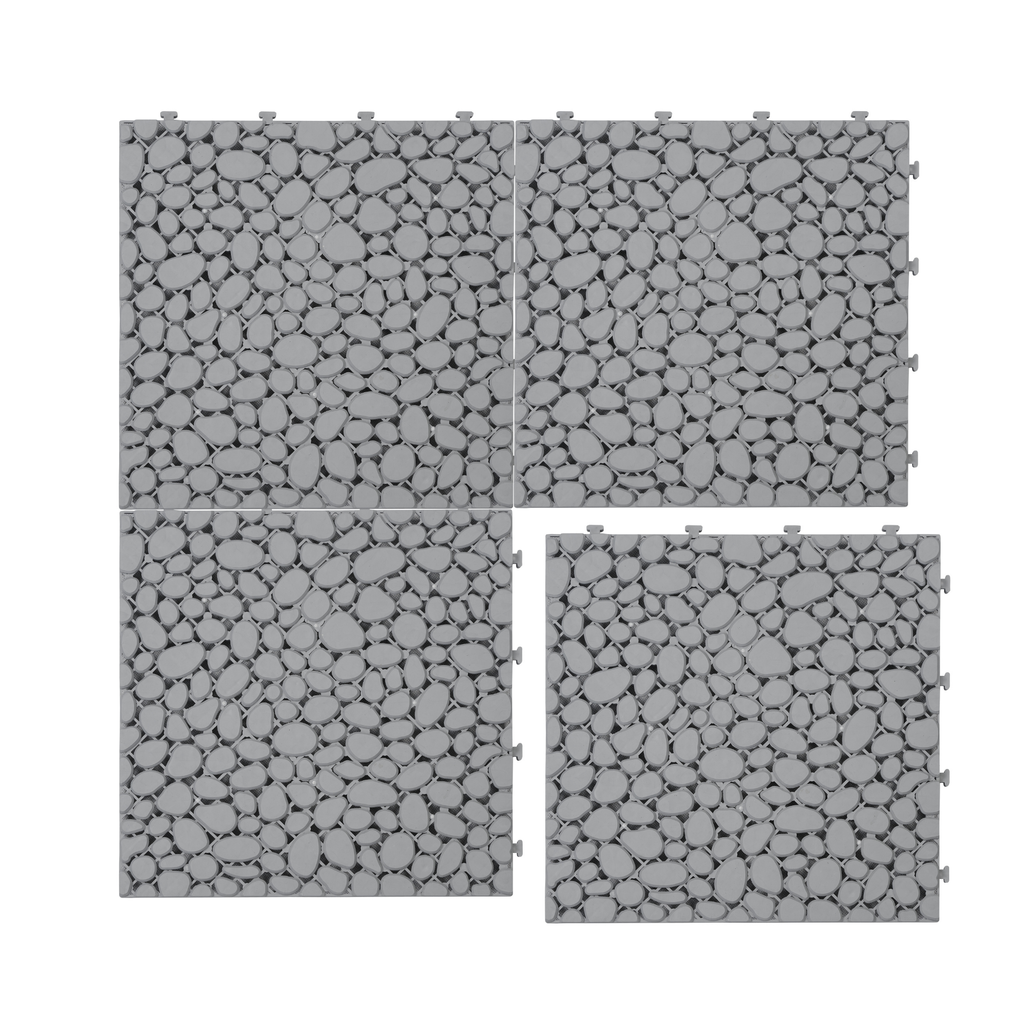 Gray pebble stone interlocking deck tiles by Anthony & Home, waterproof 12x12 outdoor flooring with textured stone surface.
