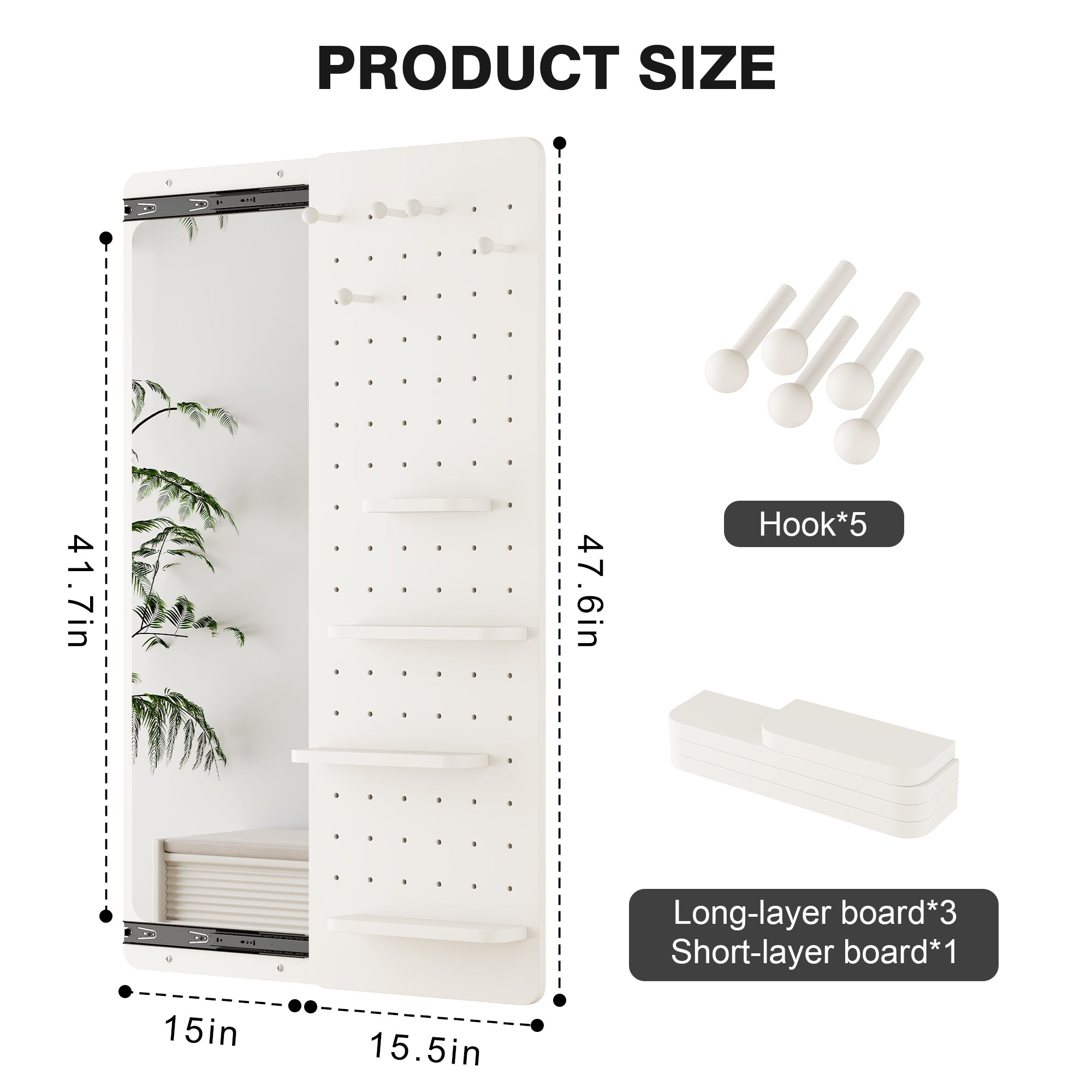 White rubber wood wall-mounted full-length mirror with shelf and hook, designed by Anthony & Home for stylish home decor.