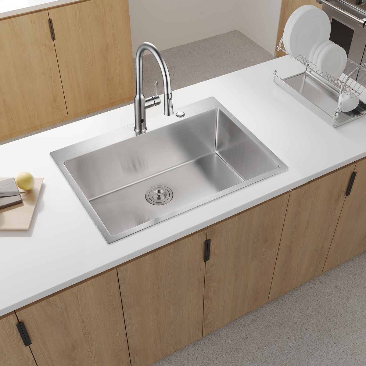 Drop-in stainless steel kitchen sink with single bowl by Anthony & Home, showing the smooth, shiny surface and clean edges.