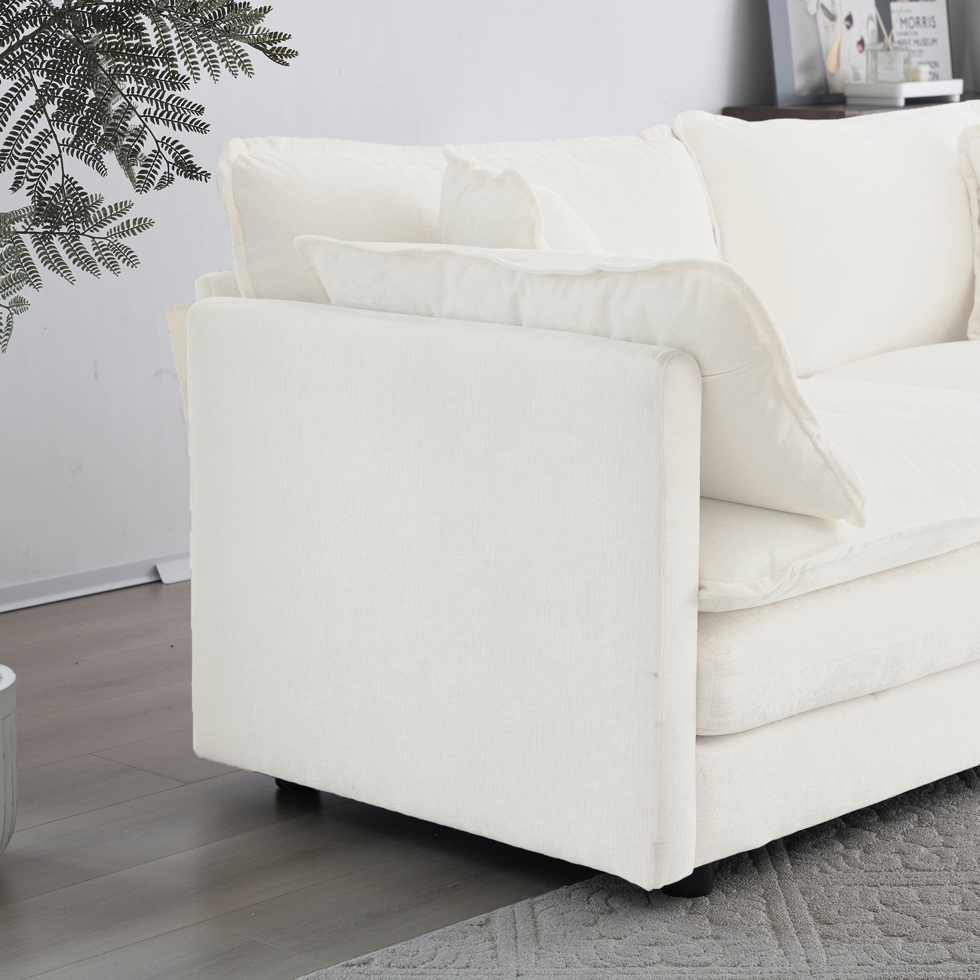 White chenille luxe modular L-shaped sectional sofa with reversible ottoman by Anthony & Home, showcasing plush fabric and contemporary design.