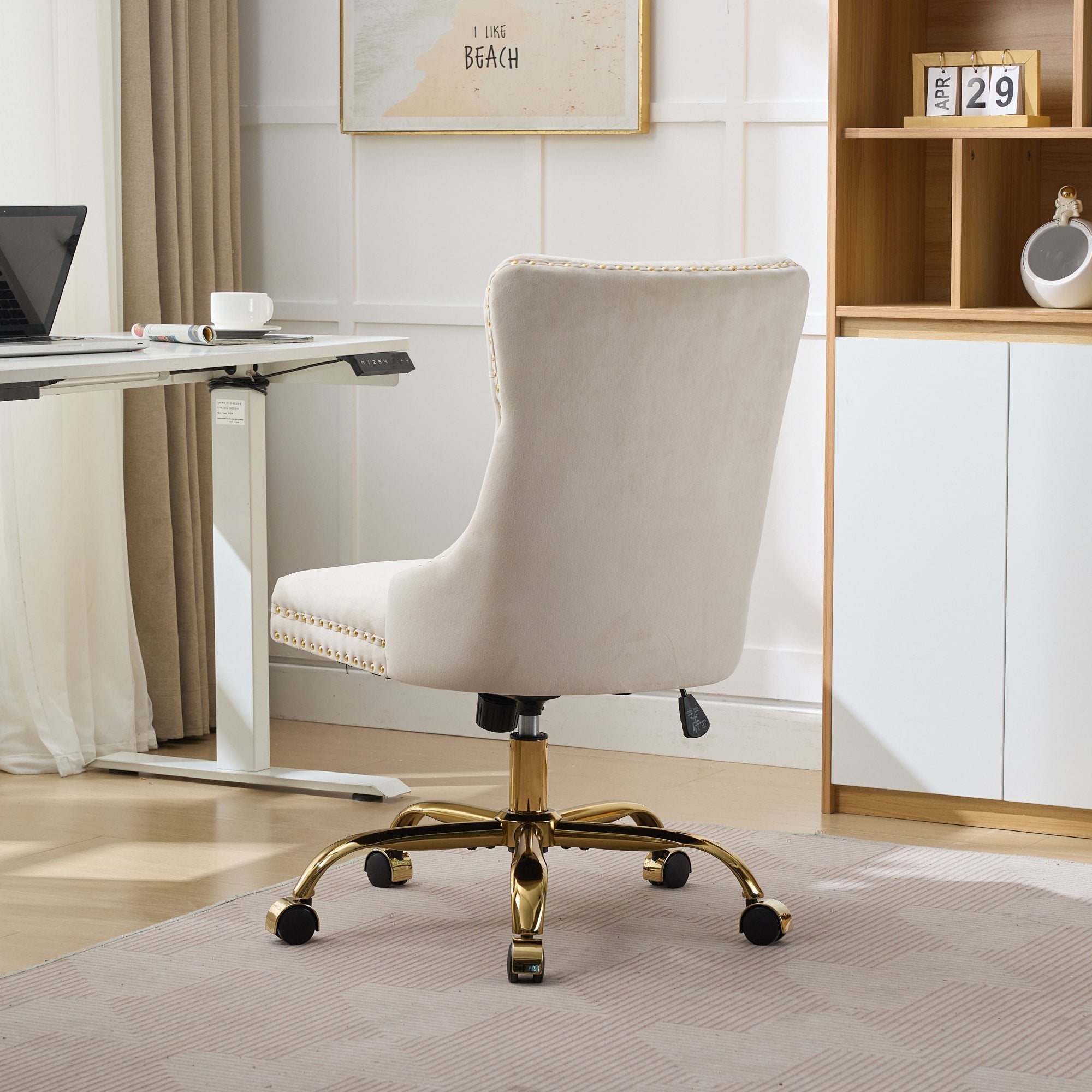 Anthony & Home beige velvet tufted office chair with adjustable height, swivel base, and ergonomic design for modern workspaces.