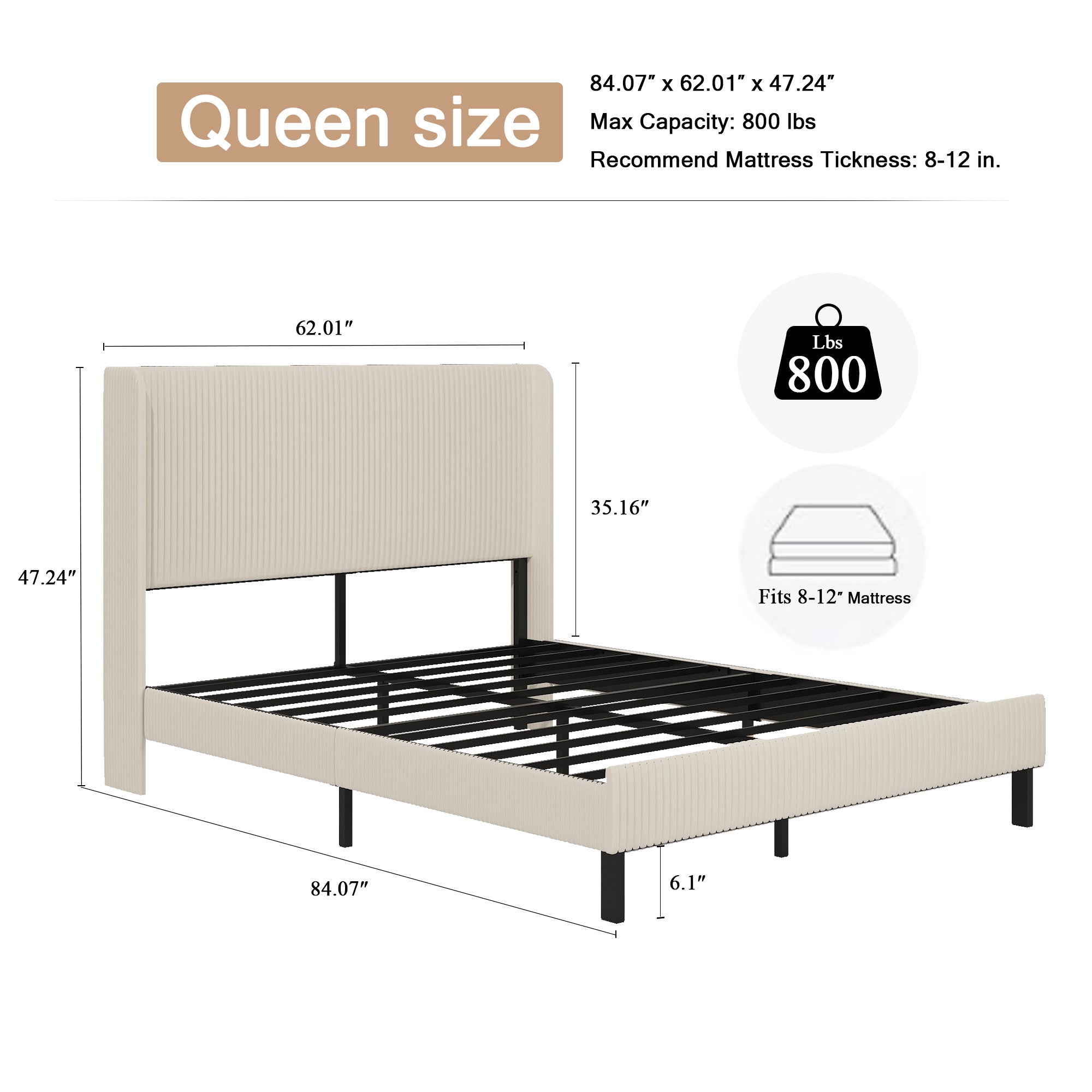 Anthony & Home Signature Beige Queen Platform Bed with metal frame and built-in charging station, showcasing a modern bedroom setup.